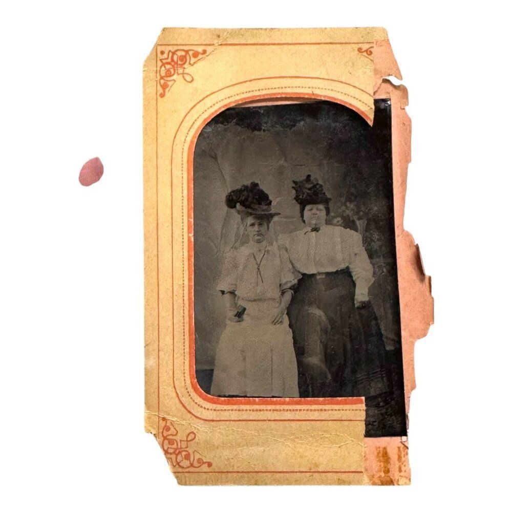 Antique 19th Century Tintype Photograph Frame Fancy Hats Victorian Women Girls